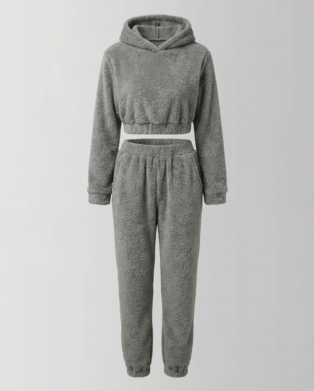 Teddyhuispak met korte hoodie en joggingbroek in grijs, zonder model, vooraanzicht