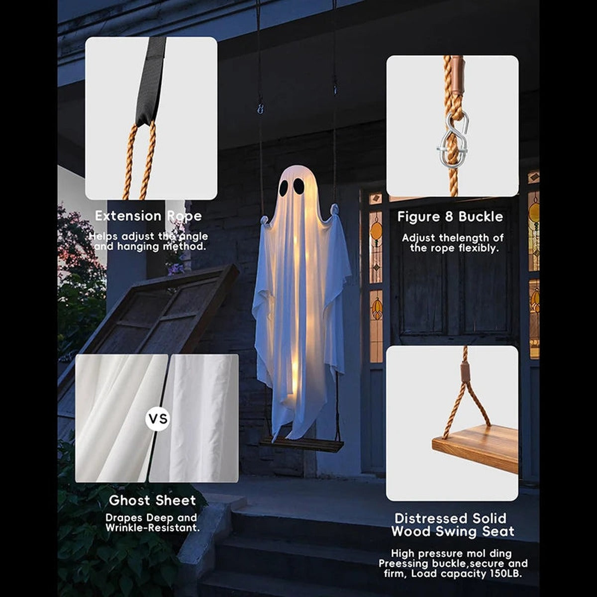 Details van het spook: verlengtouw, ophanggesp, spookdoek en houten zitje