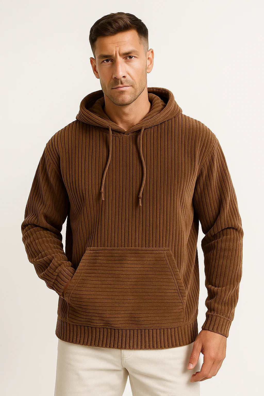 Corduroy hoodie voor heren in koffiebruin, gedragen, voorkant