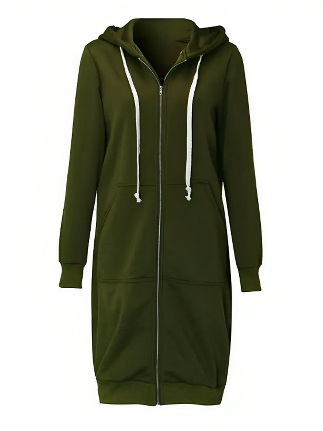 Lang olijfgroen vest, gesloten, met metalen rits en twee zakken | Boutique Moda