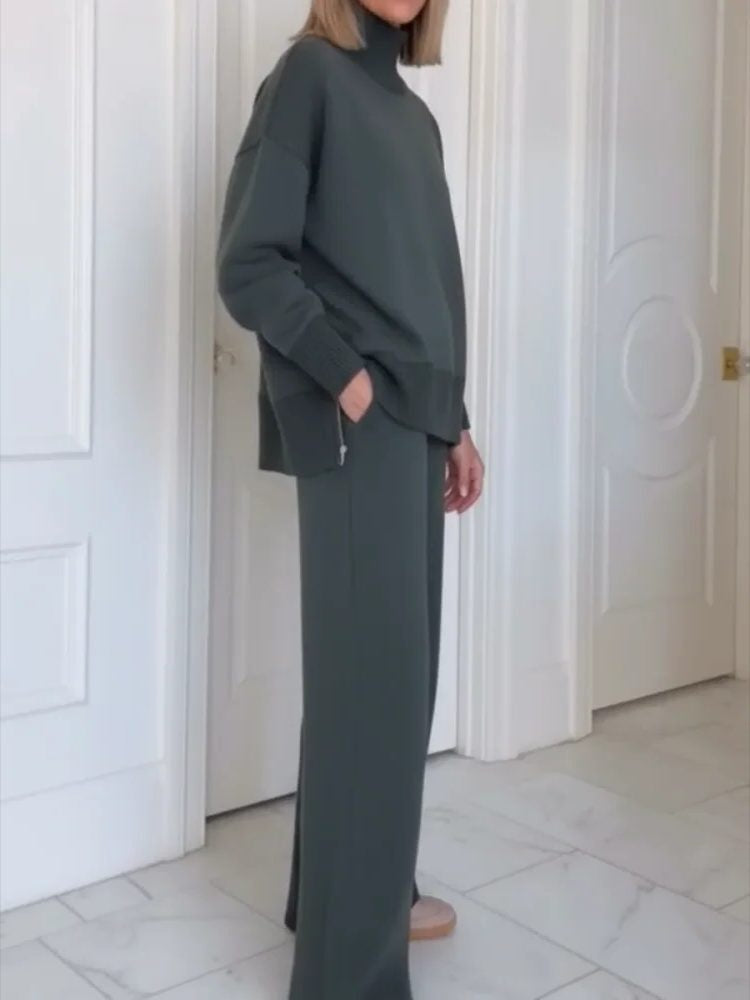 Gebreide co-ord set met col in donkergrijs, zijaanzicht