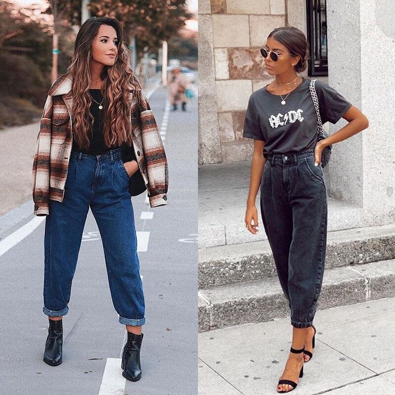 Blauwe en antraciet barrel jeans, twee looks