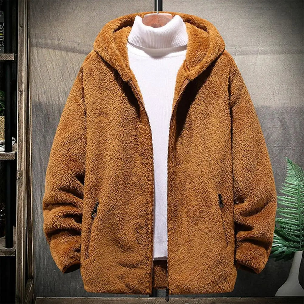 Teddyjas met capuchon voor heren in camel, op een hanger, voorkant
