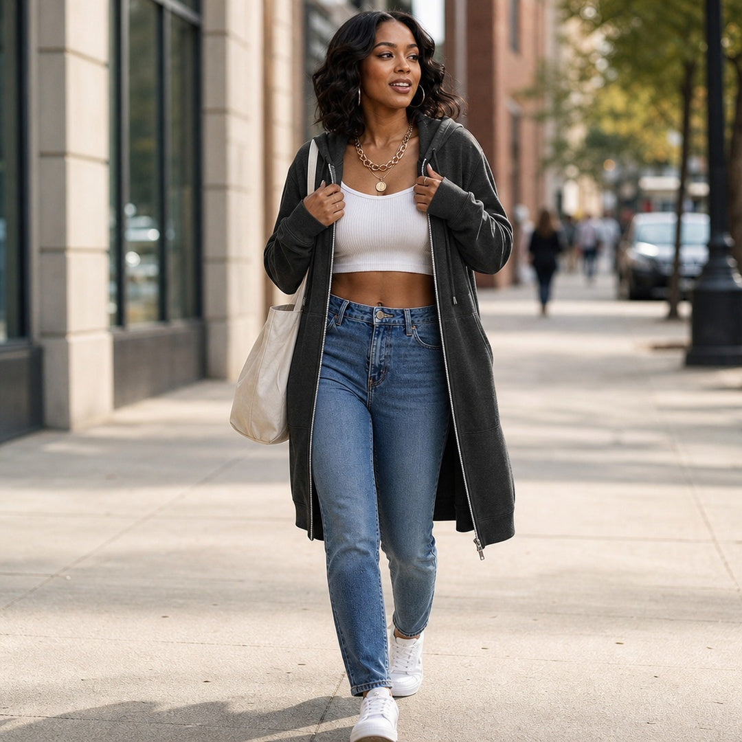 Vrouw in een lang antraciet vest met een jeans en witte sneakers, met een canvas tas in de stad | Boutique Moda