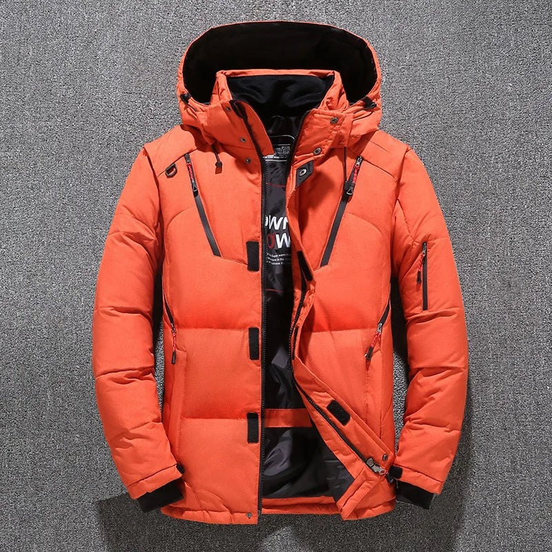 Pufferjas heren in oranje met capuchon, productfoto, voorkant
