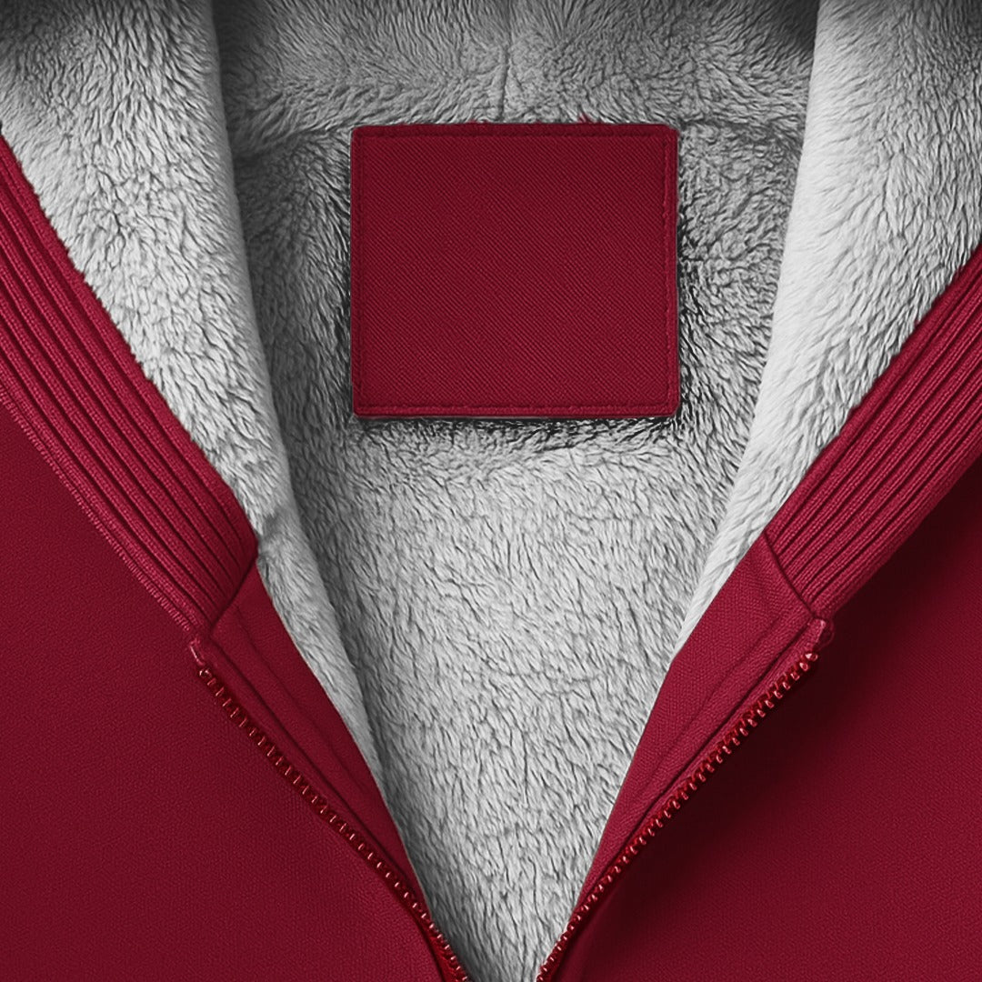 Teddyvest met capuchon voor heren in bordeaux, close-up van de teddyvoering en de rits