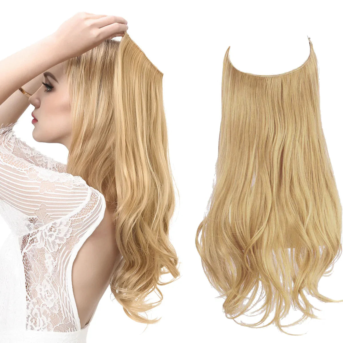 Blonde golvende haarextensie, halo-model, getoond los en gedragen door vrouw | Boutique Moda