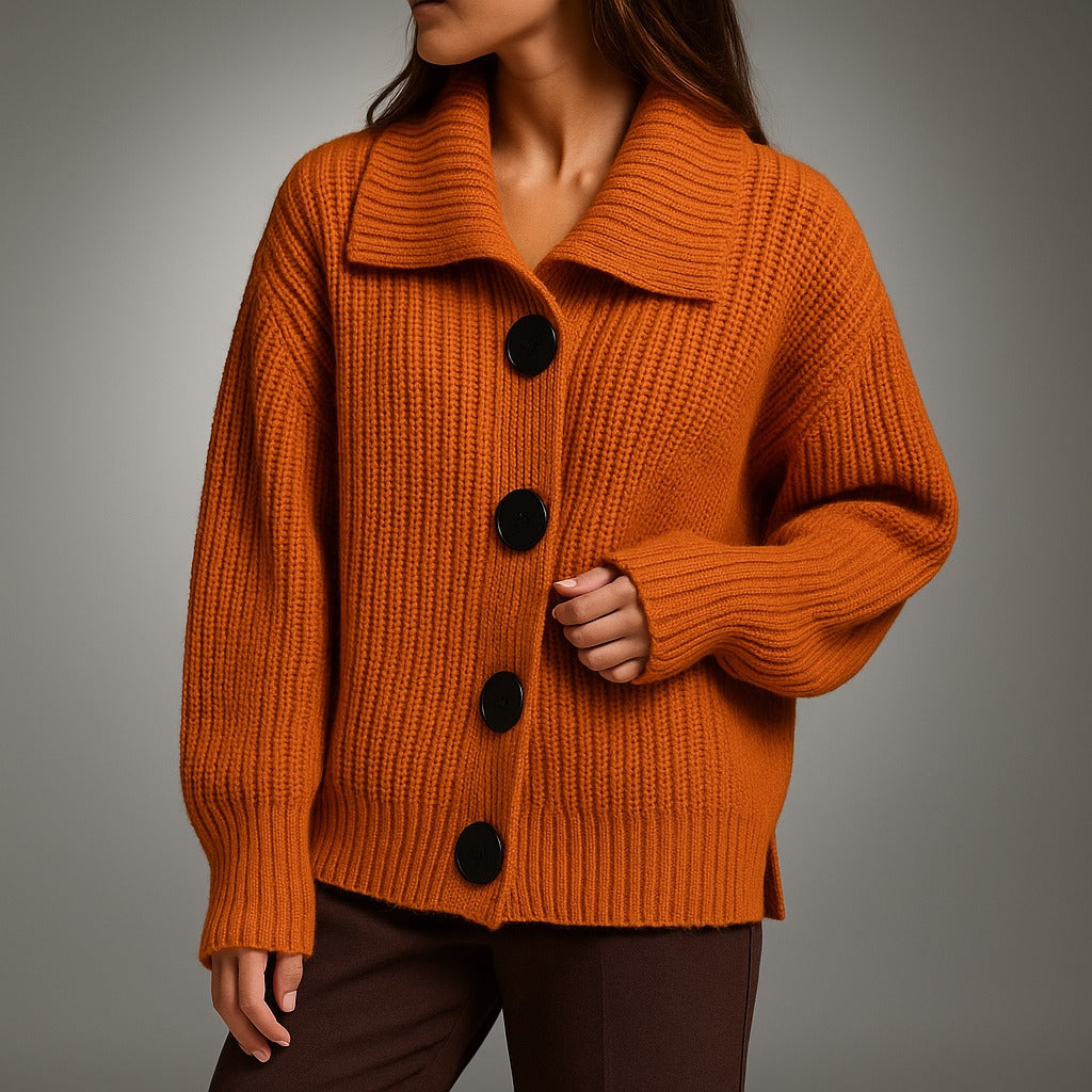 Oversized grof gebreid vest met kraag in oranje, gedragen, vooraanzicht