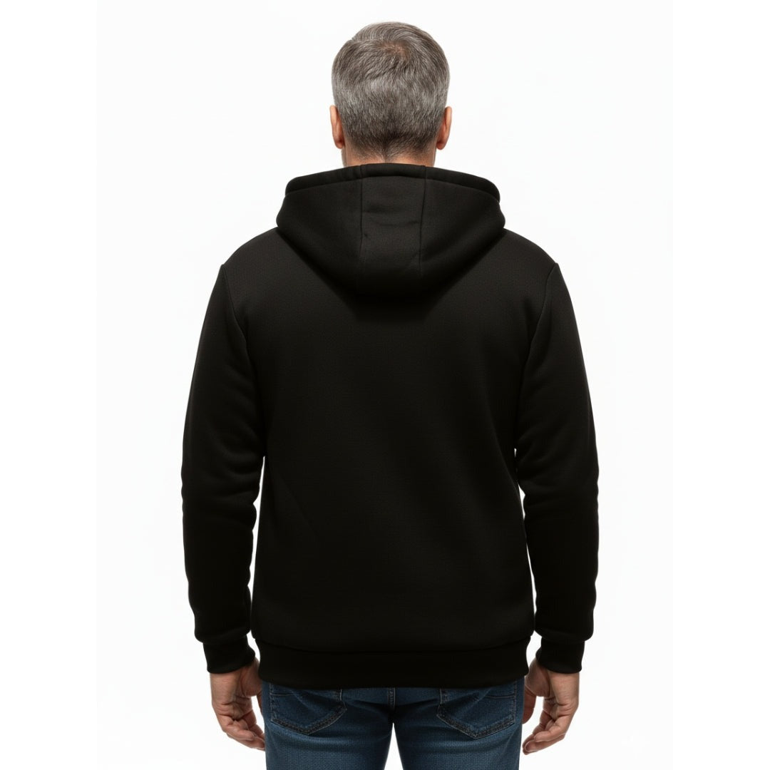 Gevoerde hoodie met rits voor heren in zwart, gedragen, achterkant
