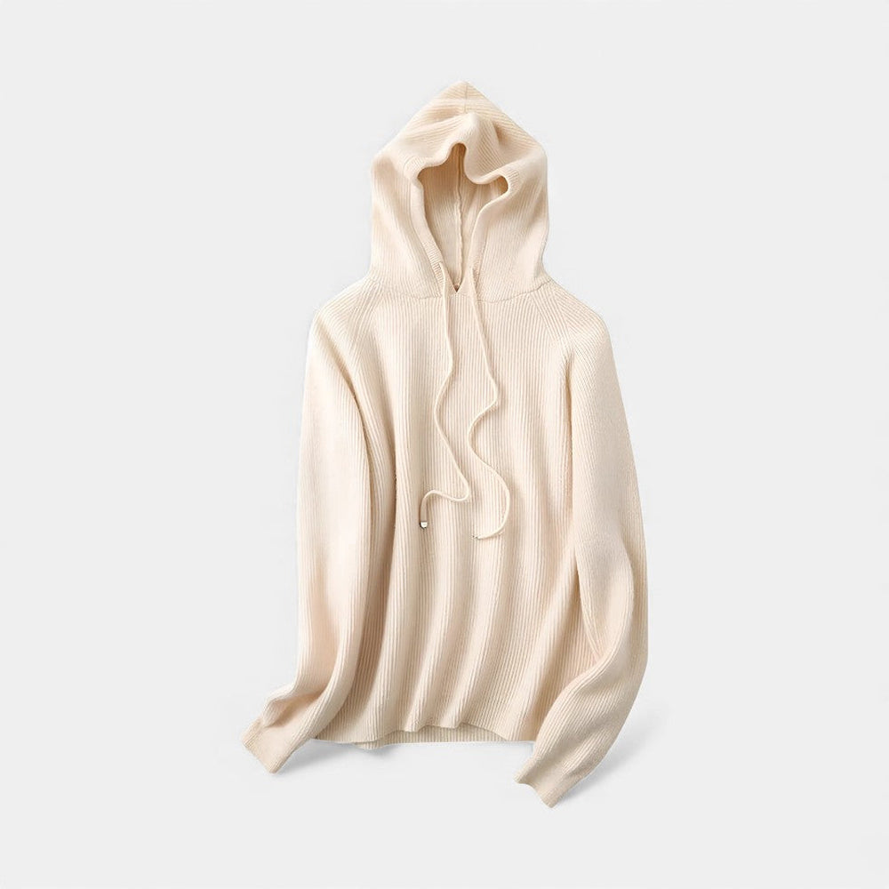 Champagnekleurige hoodie van voren, neergelegd met losjes hangende koorden | Boutique Moda