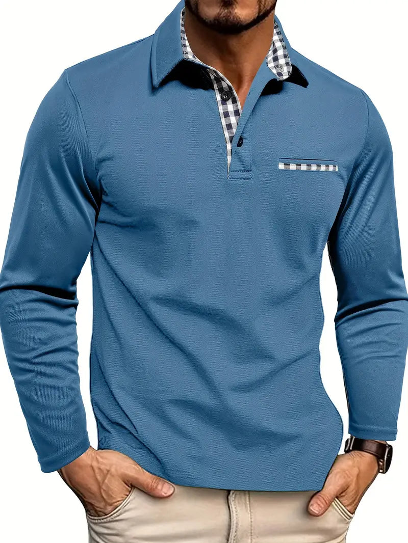 Poloshirt Heren | Lange Mouw | Borstzak | Geruite Kraag-Boutique Moda