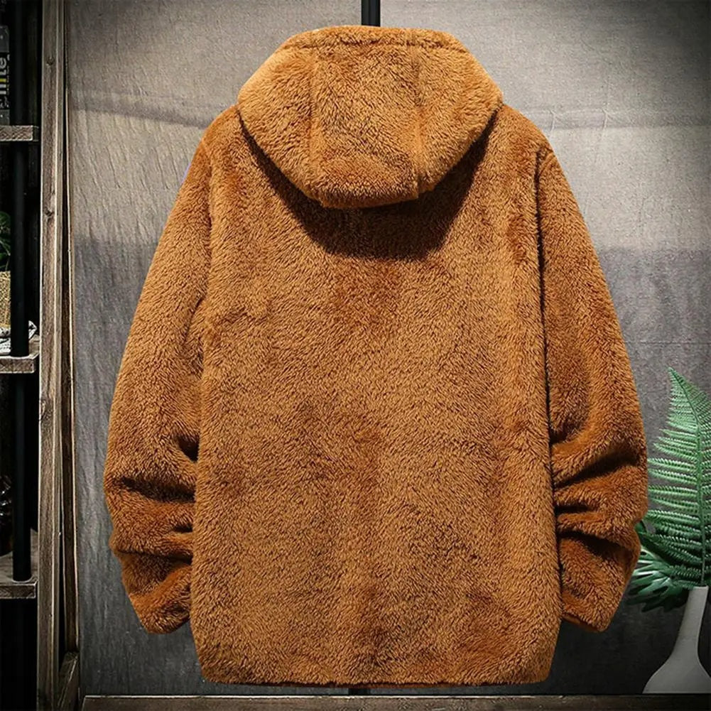 Teddyjas met capuchon voor heren in camel, op een hanger, achterkant