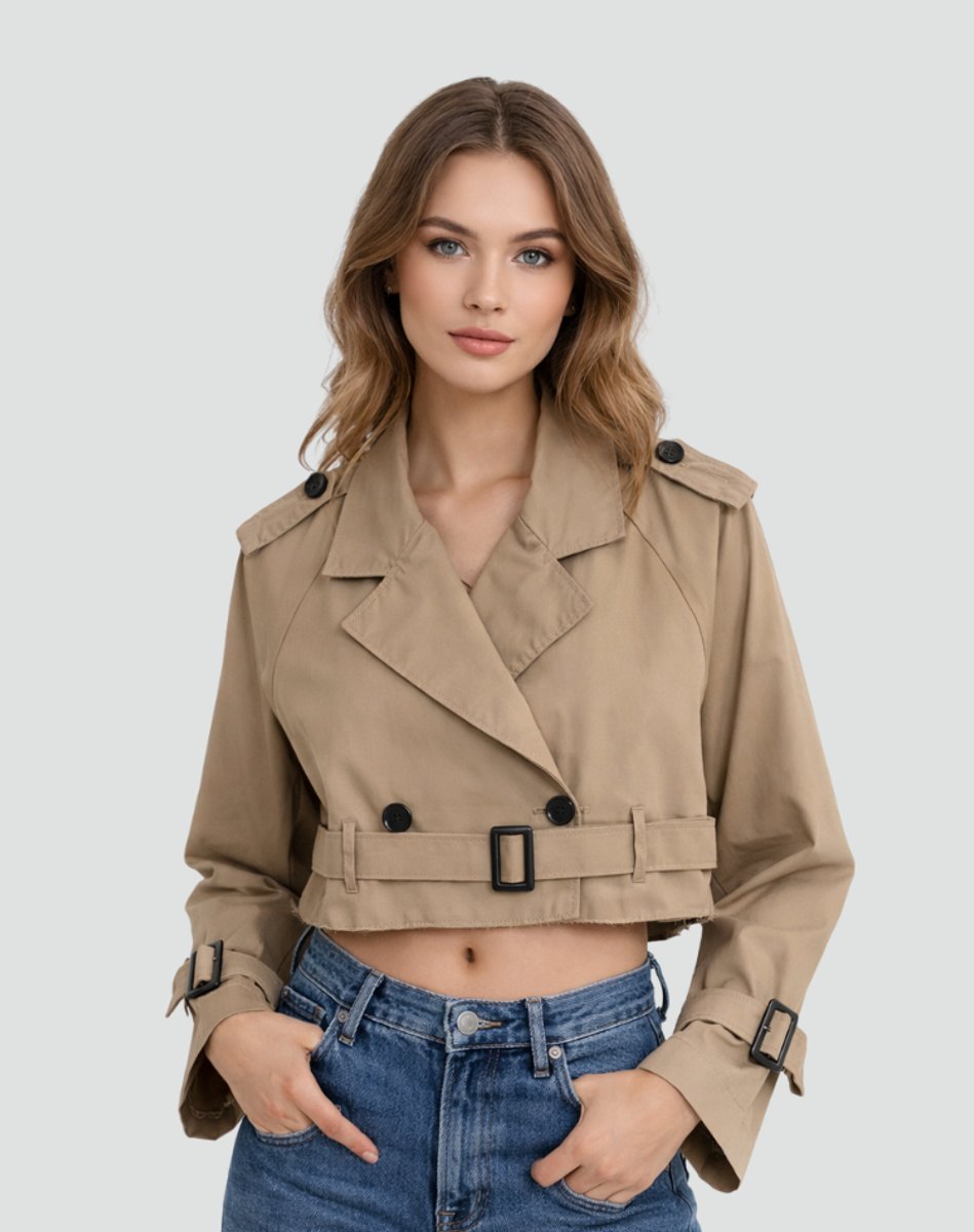 Trenchcoat Dames | Cropped | Dubbele Knoopsluiting | Ceintuur-Boutique Moda