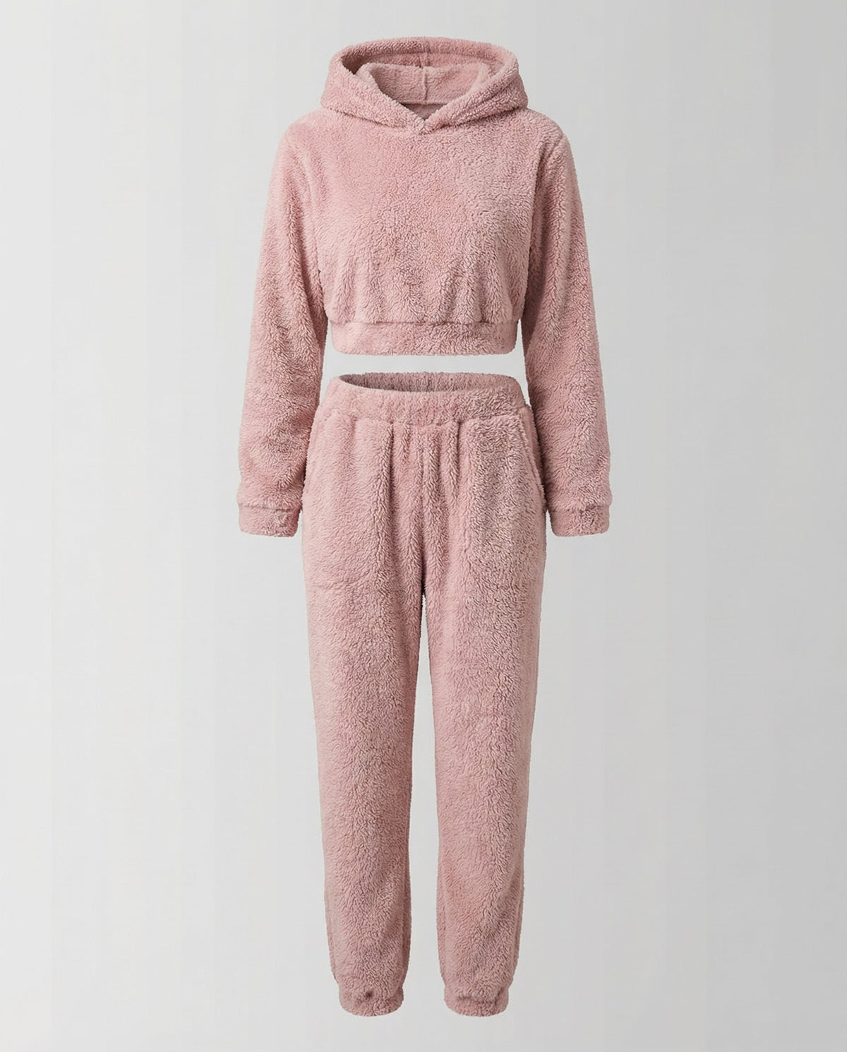 Teddyhuispak met korte hoodie en joggingbroek in roze, zonder model, vooraanzicht