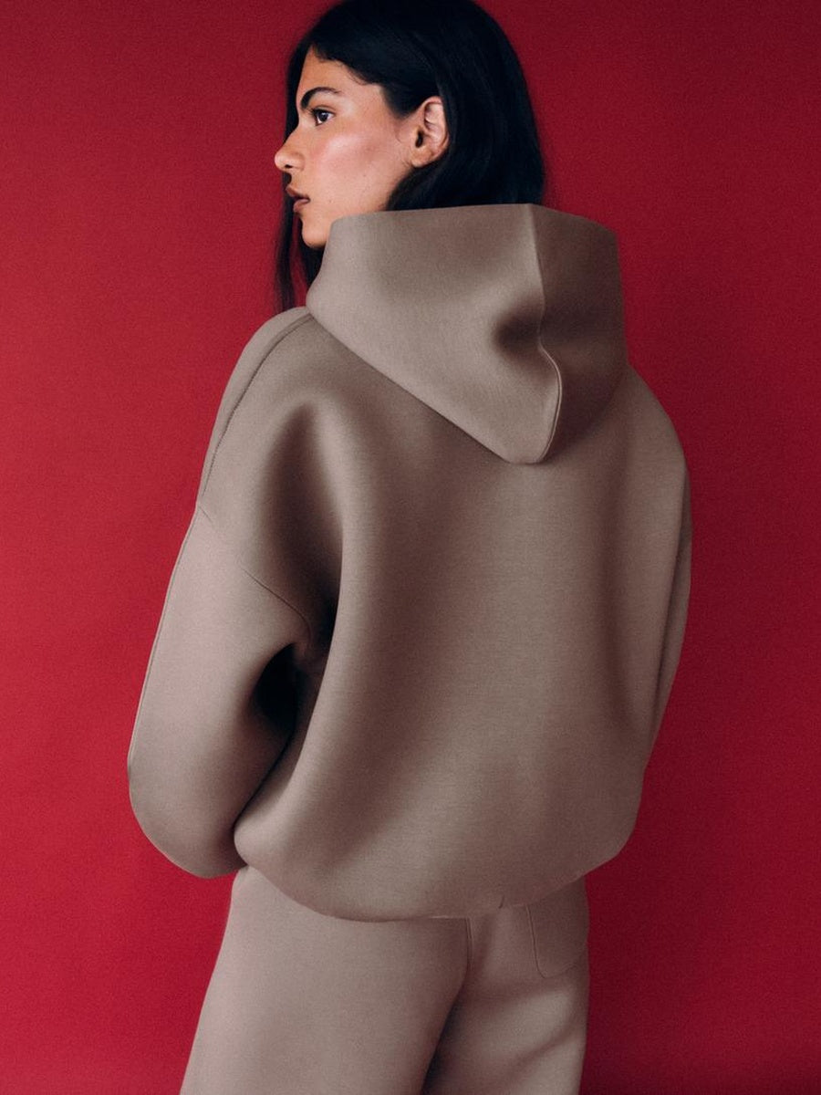 Taupe scuba hoodie met capuchon, achterkant