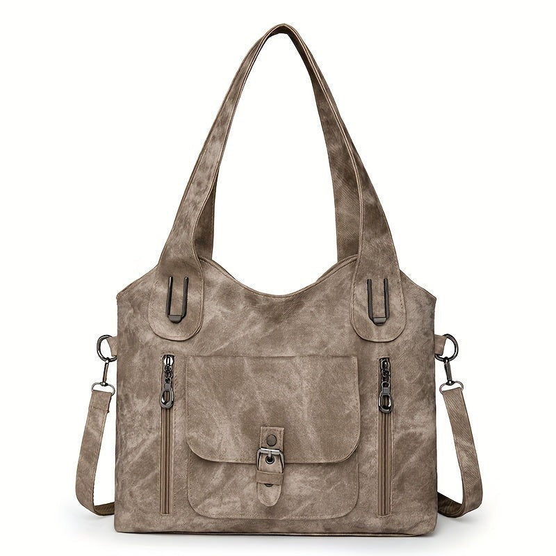 Schoudertas dames van imitatieleer in taupe, productfoto, voorkant