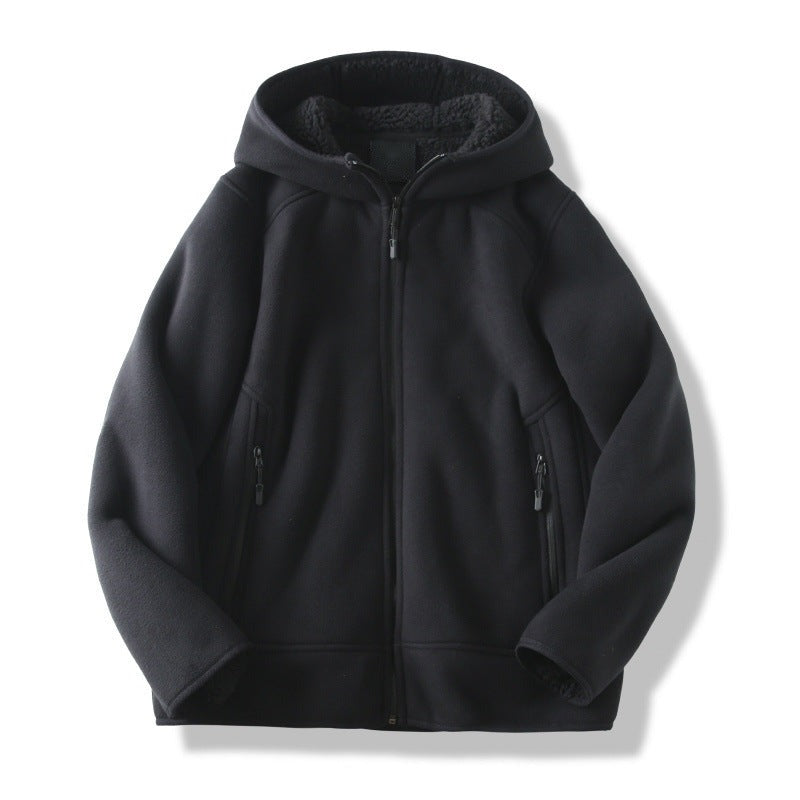 Fleecevest met capuchon en teddyvoering voor heren in zwart, voorkant