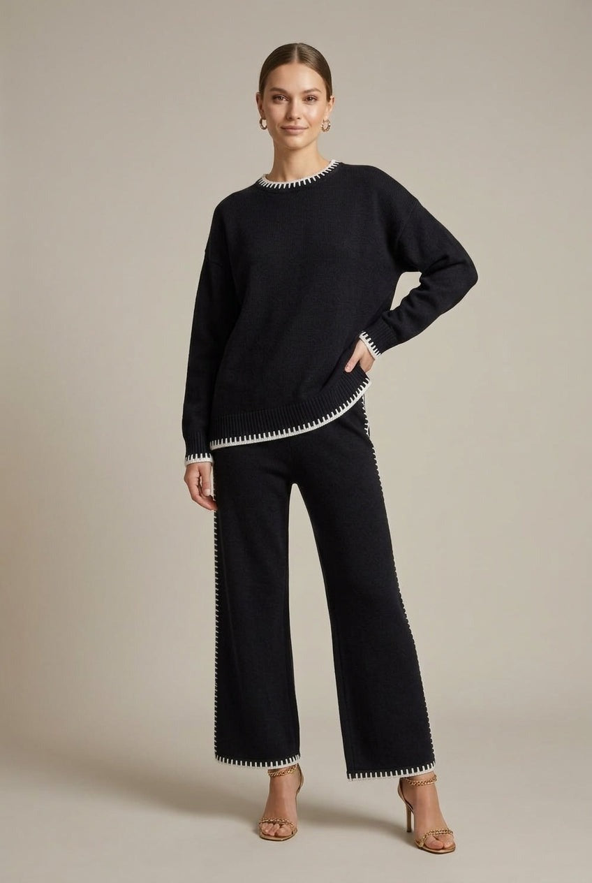 Zwarte comfy set met crèmekleurige sierrand