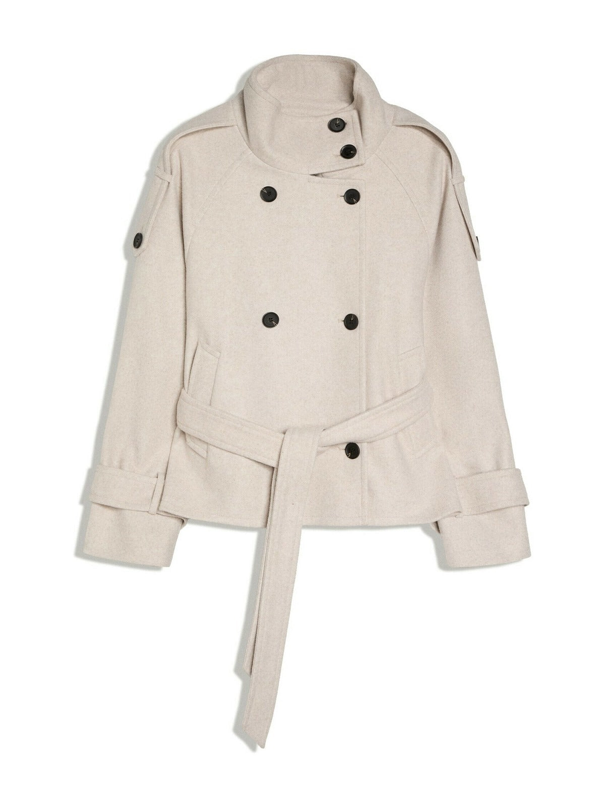 Korte trenchcoat met opstaande kraag in crème, productfoto, voorkant