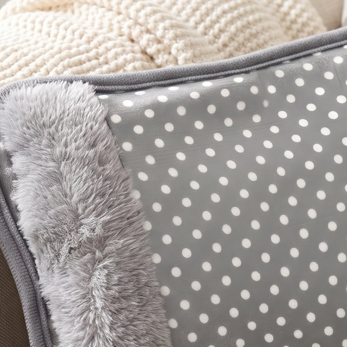 Grijze kruik met stippenpatroon en pluche zijde, plat neergelegd | Boutique Moda