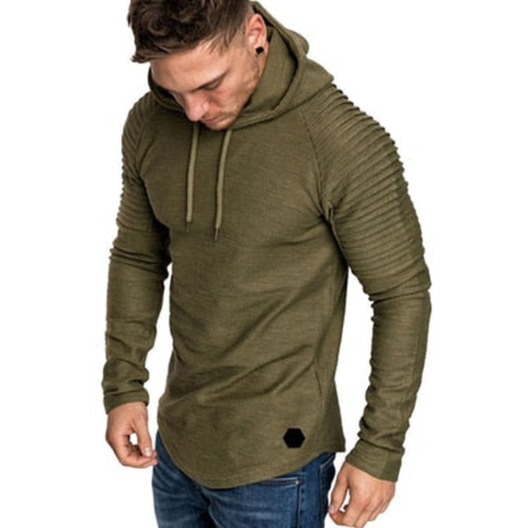 Slim fit hoodie met geribde mouwen voor heren in olijfgroen, gedragen, voorkant
