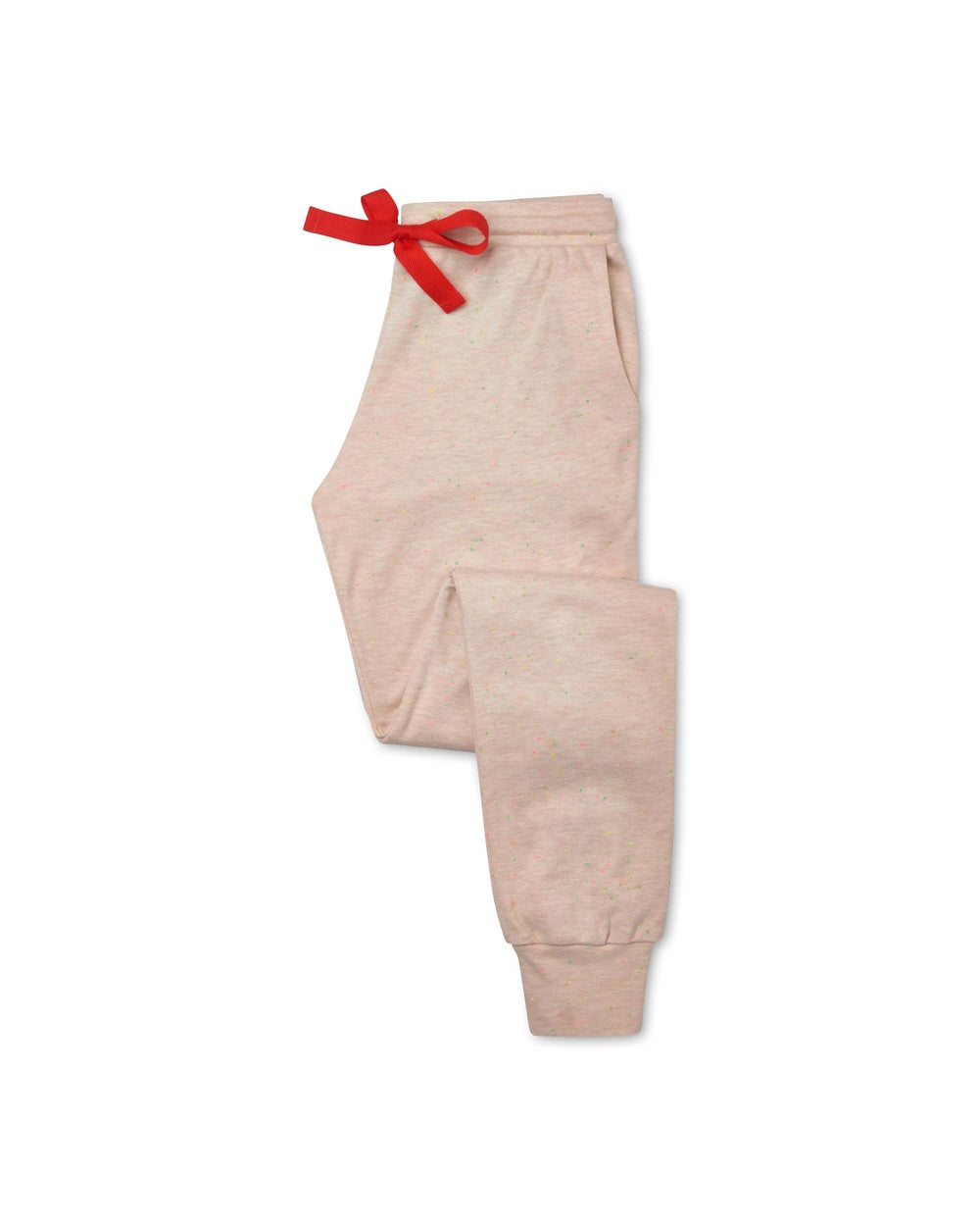 Havermoutkleurige pyjamabroek met rode strik en boorden, plat neergelegd