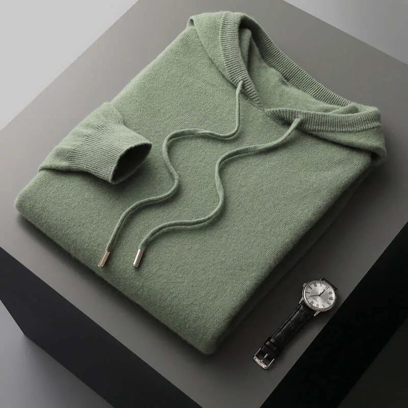 Gebreide hoodie voor heren in saliegroen, opgevouwen