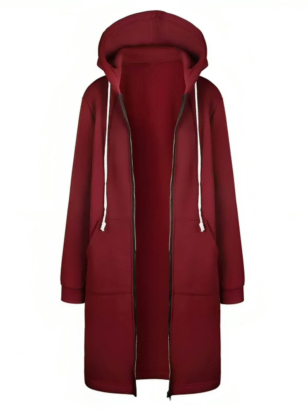 Lang bordeauxrood vest, open, met doorlopende rits en geribde boorden | Boutique Moda