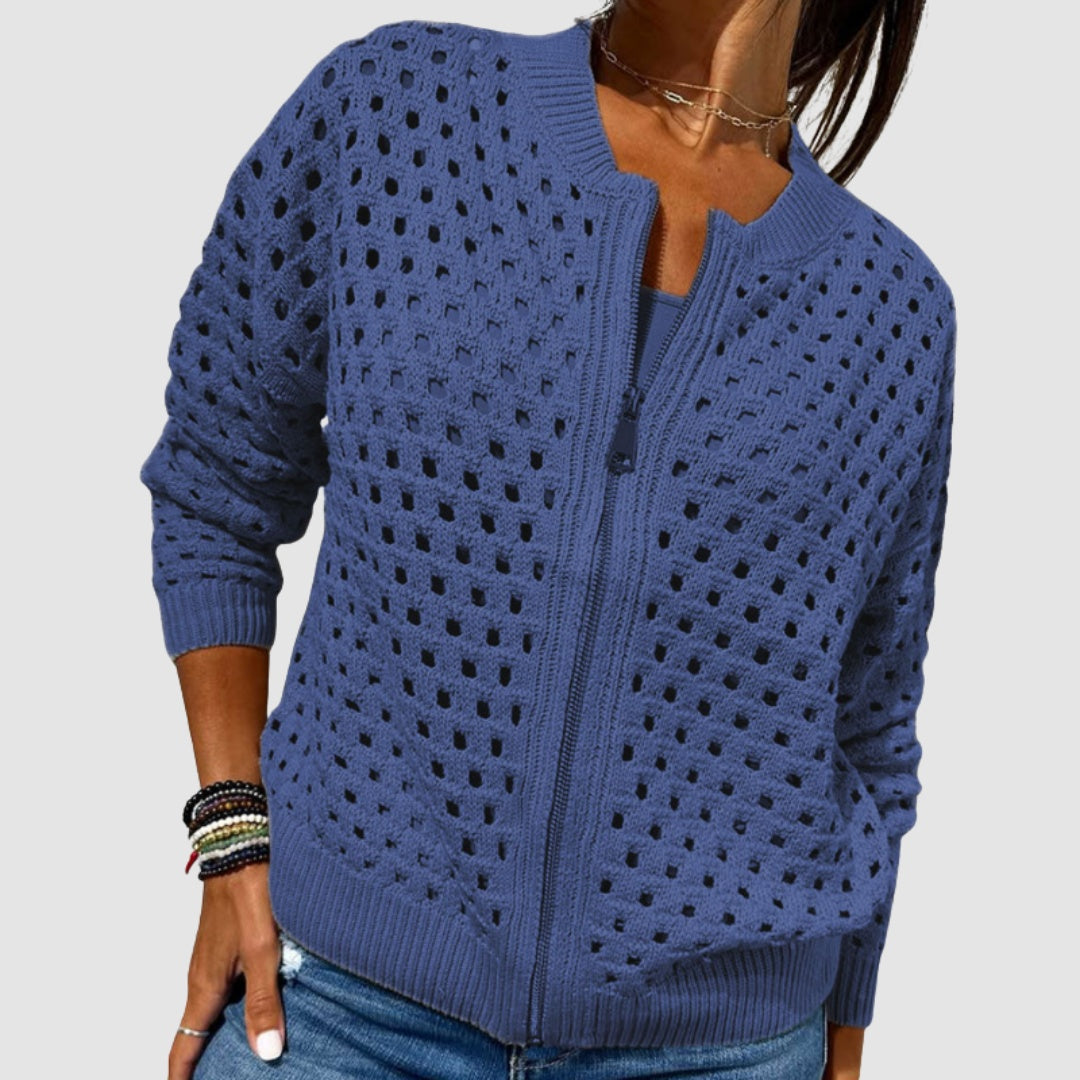Blauw opengewerkt vest met rits, voorkant