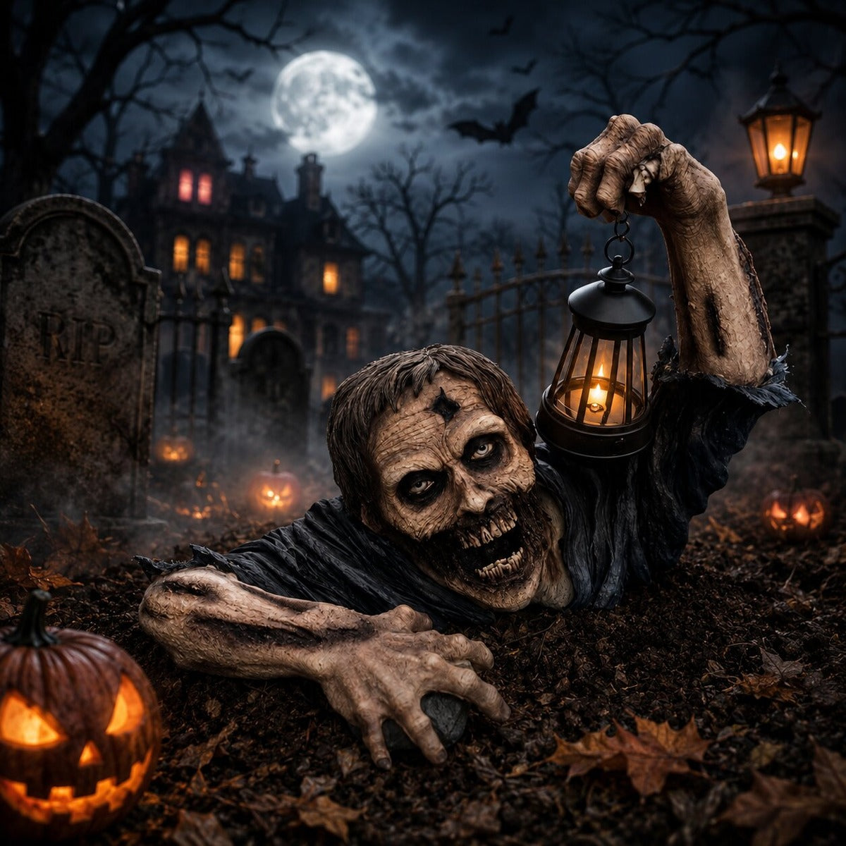 Zombie met brandende lantaarn bij grafstenen en een pompoen bij volle maan