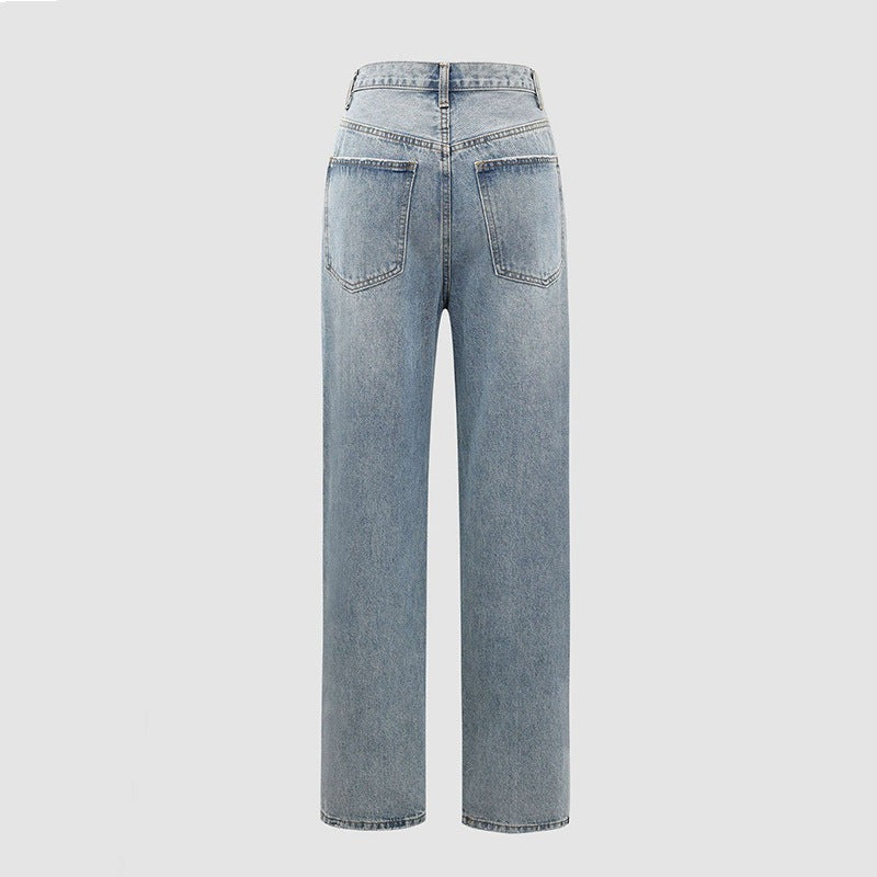 Jeans met gekruiste tailleband, plat neergelegd, achterkant