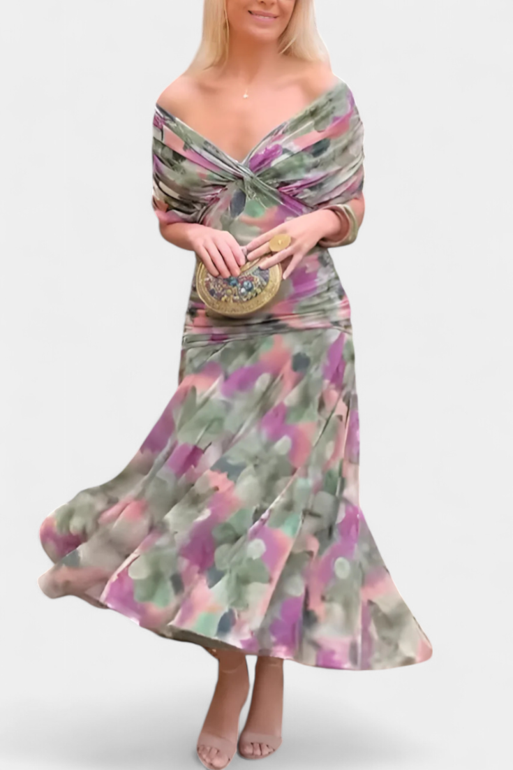 Maxi Jurk Dames | Bloemenprint | Off Shoulder | Gedrapeerde Taille-Boutique Moda