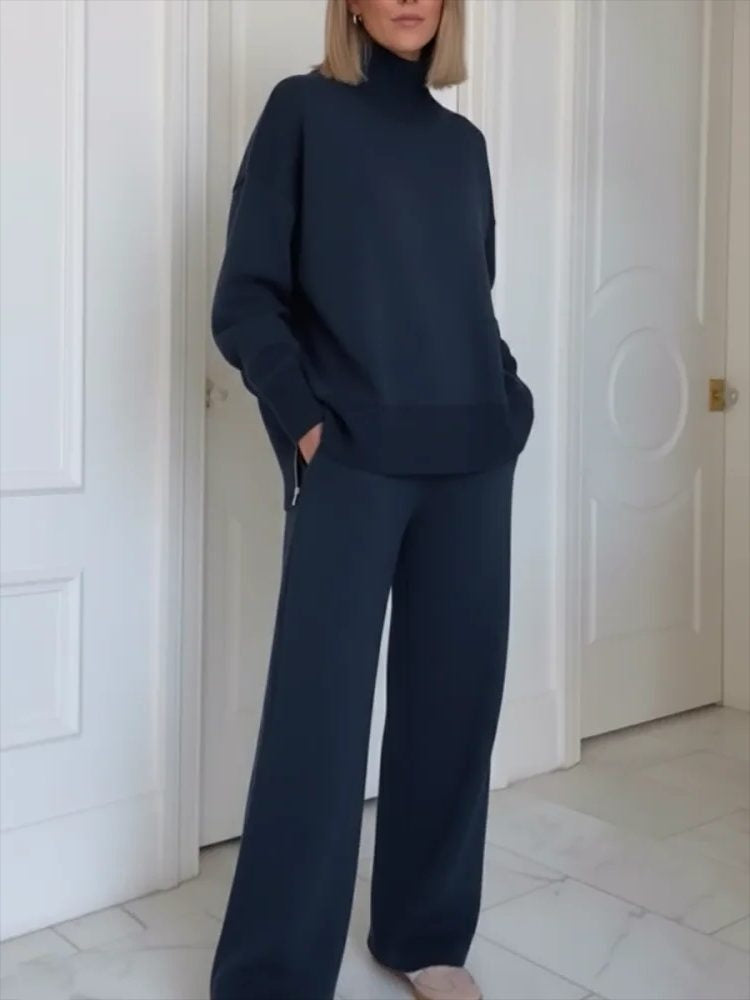 Gebreide co-ord set met col in marineblauw, vooraanzicht, hand in de zak