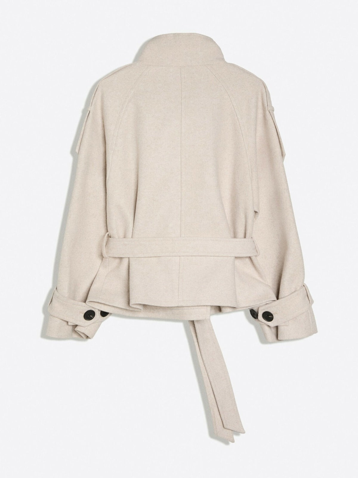 Korte trenchcoat met opstaande kraag in crème, productfoto, achterkant