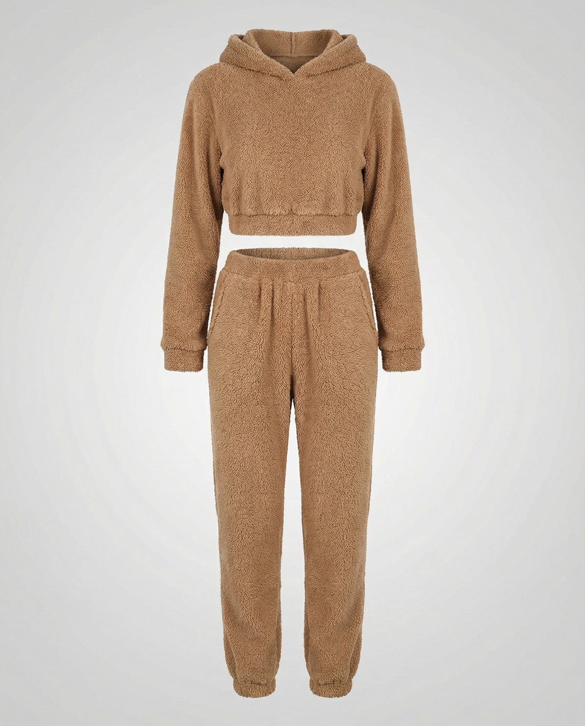 Teddyhuispak met korte hoodie en joggingbroek in camel, zonder model, vooraanzicht
