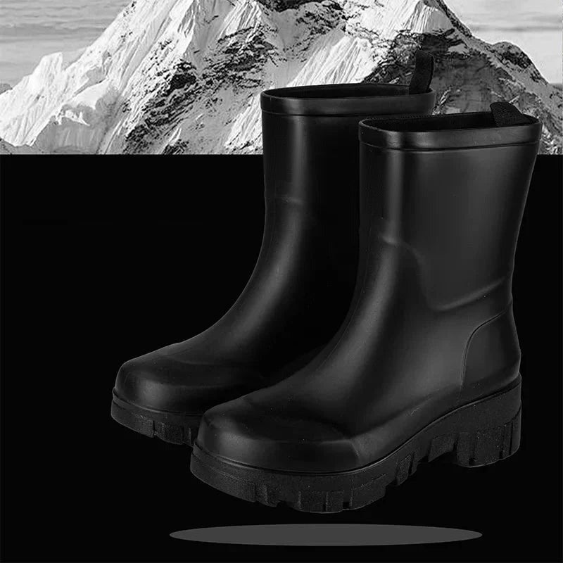 Regenlaarzen met grove profielzool in zwart, halfhoog, productfoto