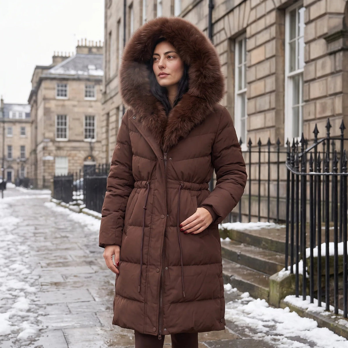 Lange winterjas met capuchon van imitatiebont in bruin, gedragen op straat
