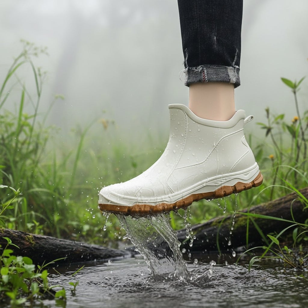 Waterdichte enkellaarsjes in crème, gedragen