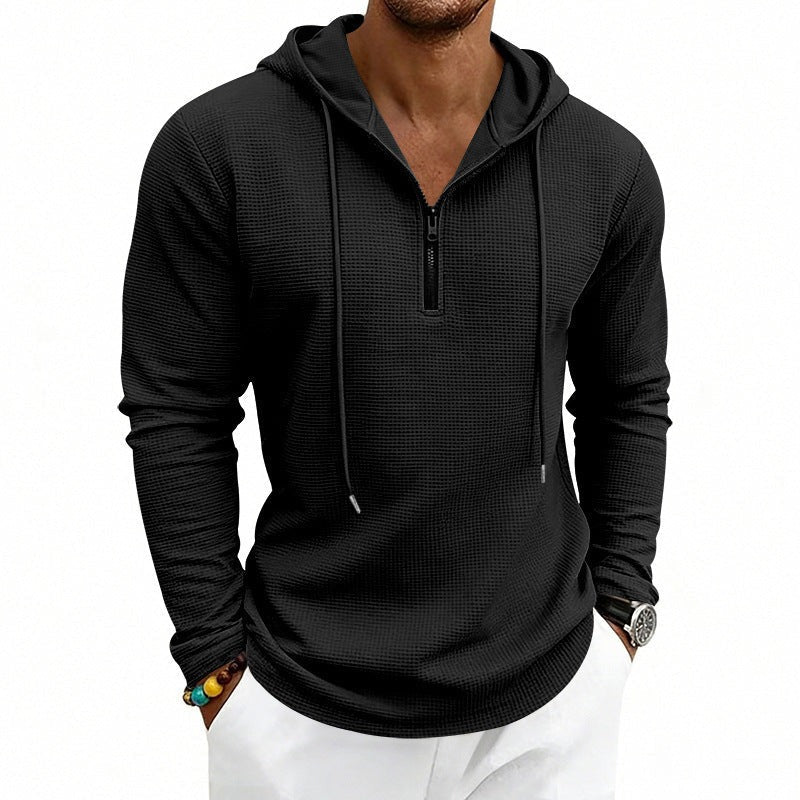 Hoodie met korte rits en wafelstructuur voor heren in zwart, gedragen, voorkant