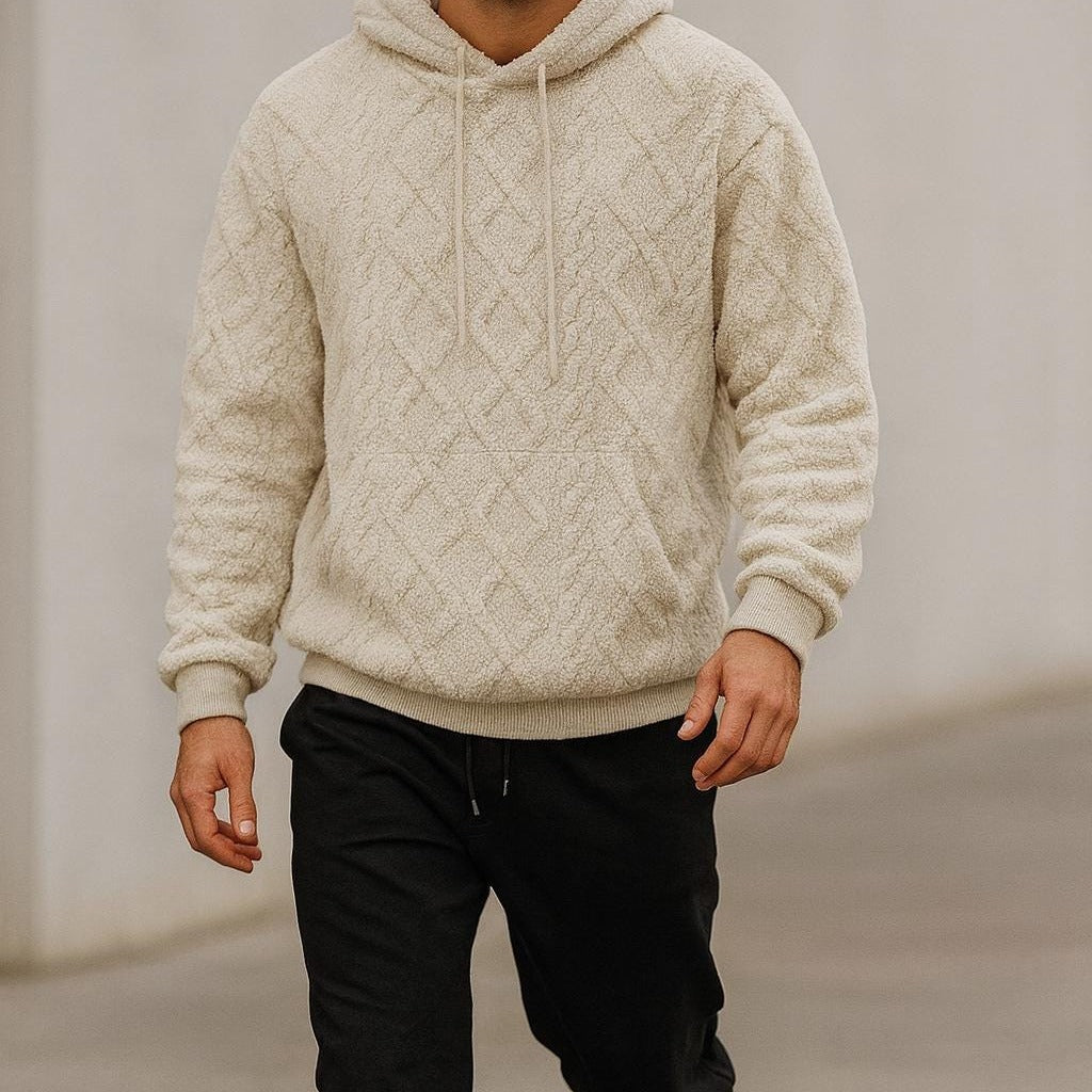 Teddyhoodie met ruitpatroon voor heren in beige, gedragen, voorkant