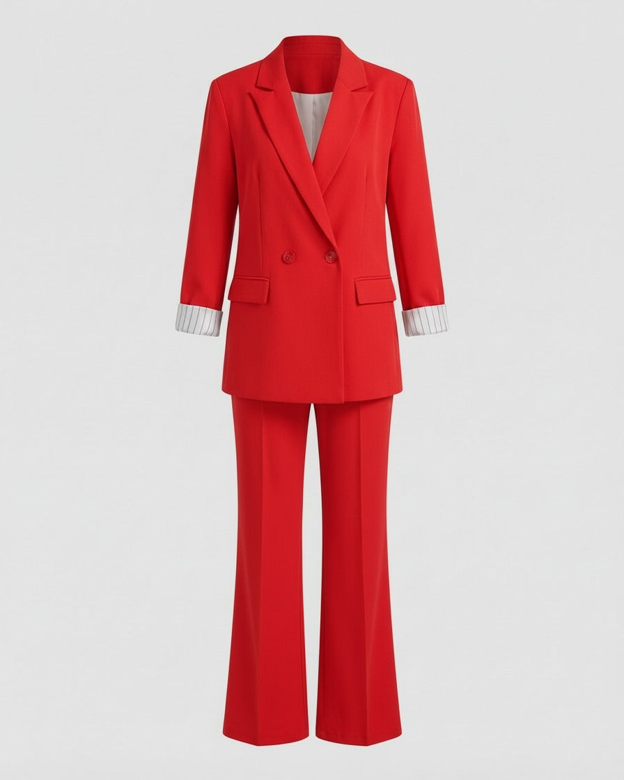 Tweedelig pak met getailleerde blazer en wijde broek in rood, blazer en broek zonder model