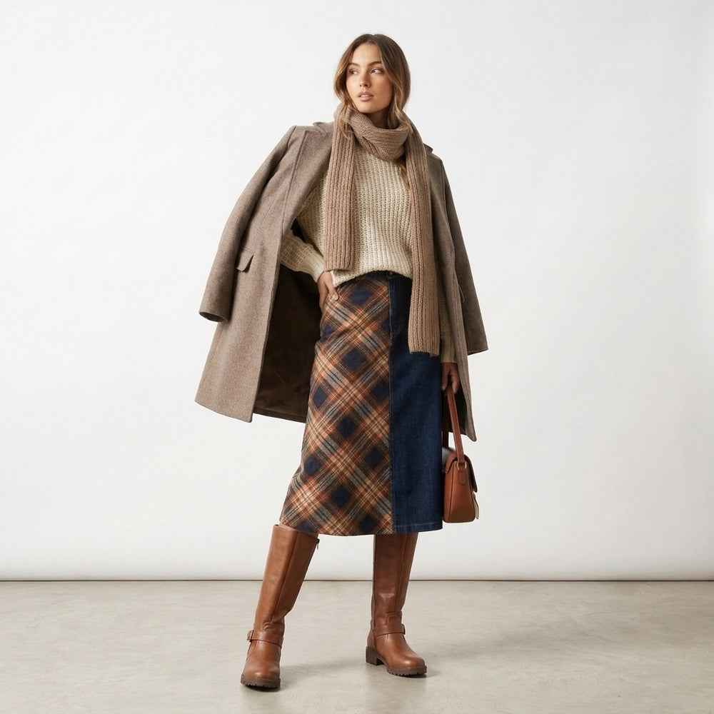 Cognac laarzen bij een lange jas, volledige look