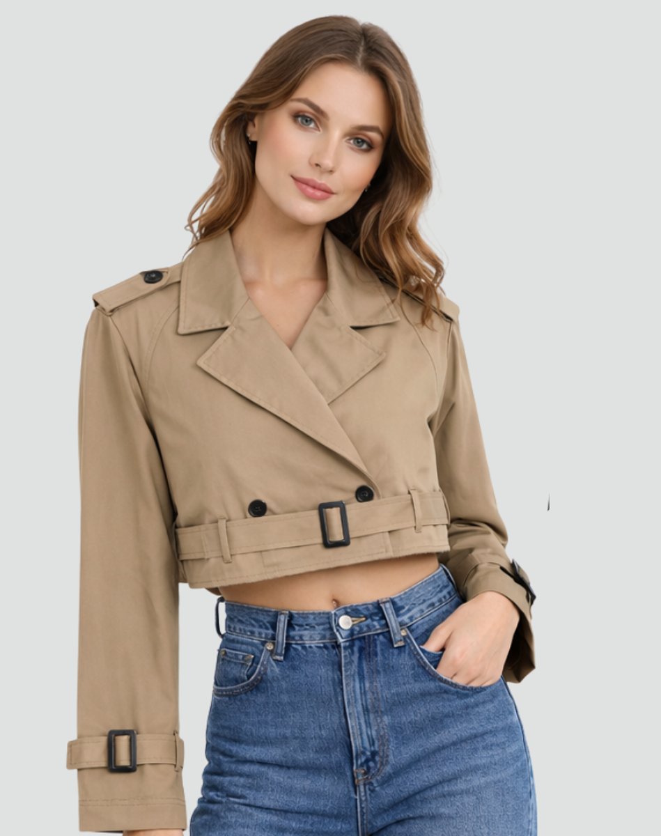 Trenchcoat Dames | Cropped | Dubbele Knoopsluiting | Ceintuur-Boutique Moda