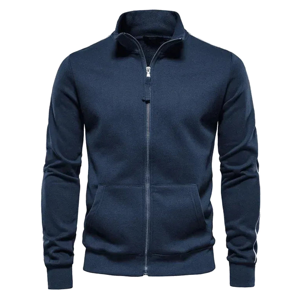 Marineblauw sweatvest met witte strepen langs de mouwen op een witte achtergrond | Boutique Moda