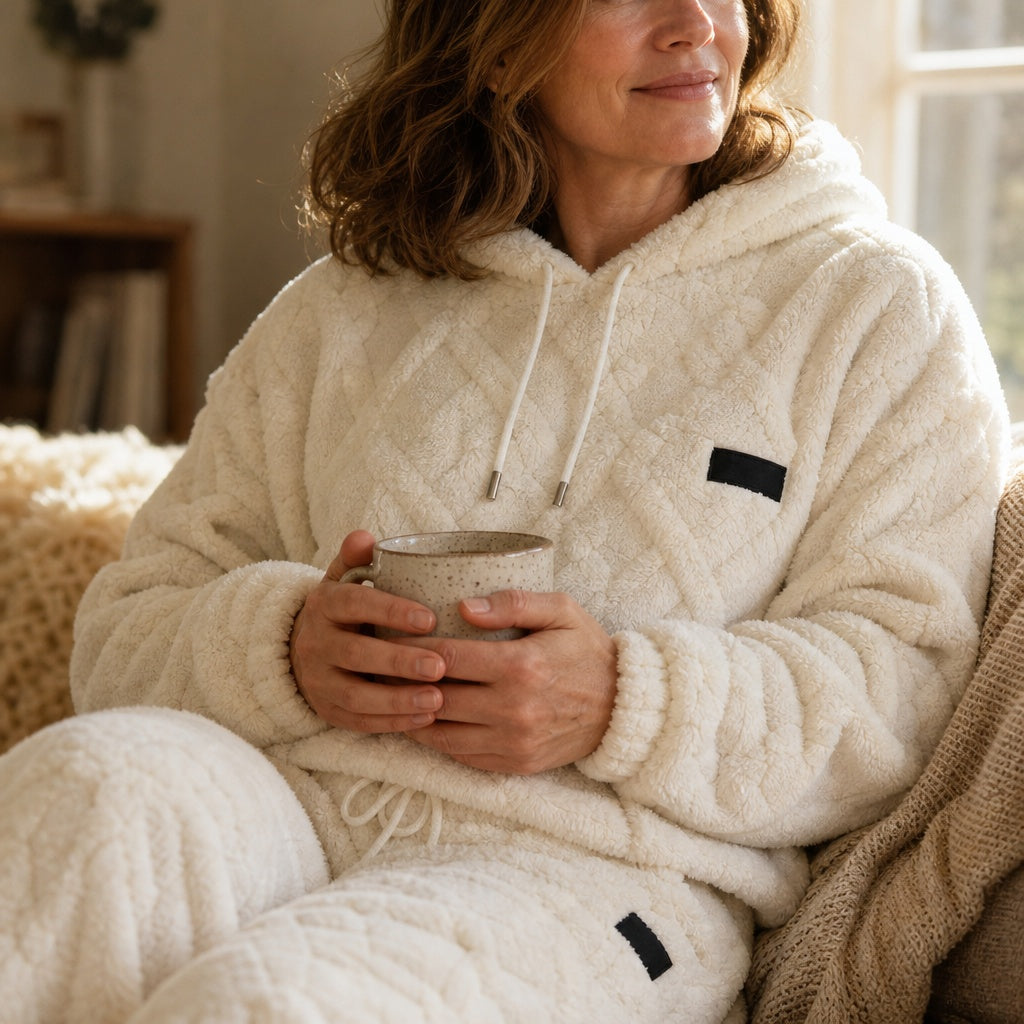 Crèmekleurige hoodie met trekkoord en borstzak, close-up