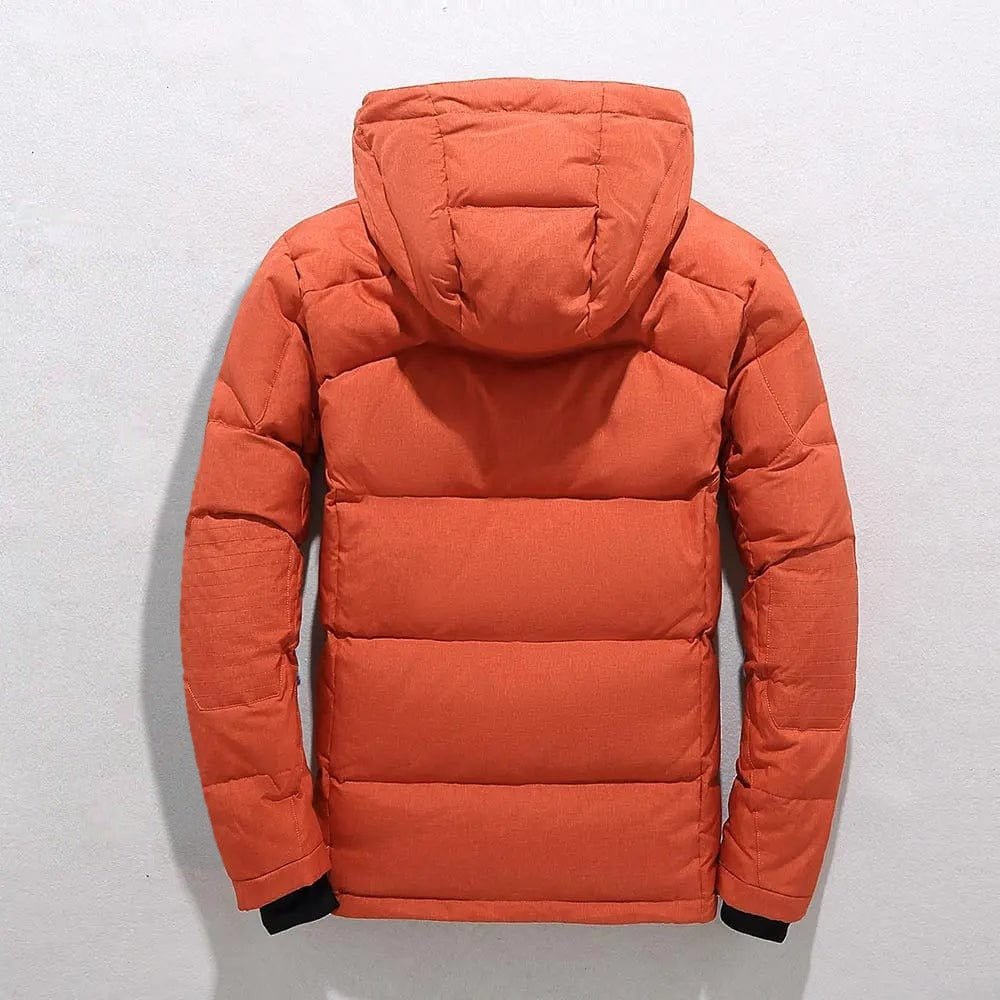 Pufferjas heren in oranje met capuchon, productfoto, achterkant