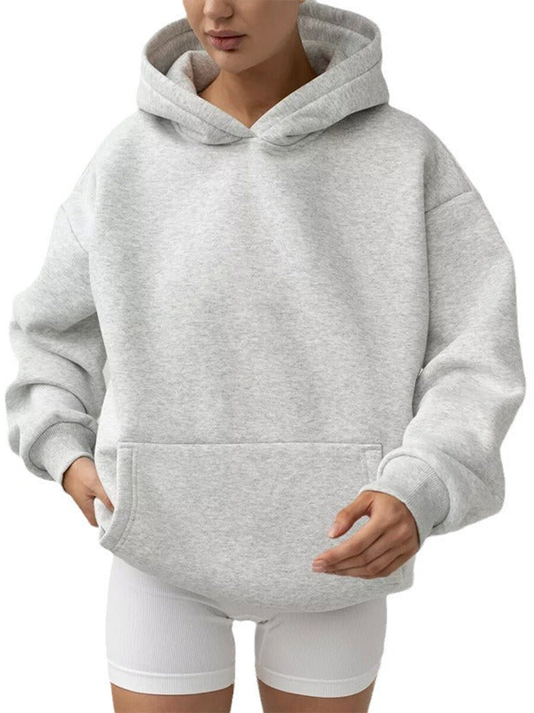 Hoodie in zilvergrijs met capuchon zonder koorden, vooraanzicht | Boutique Moda