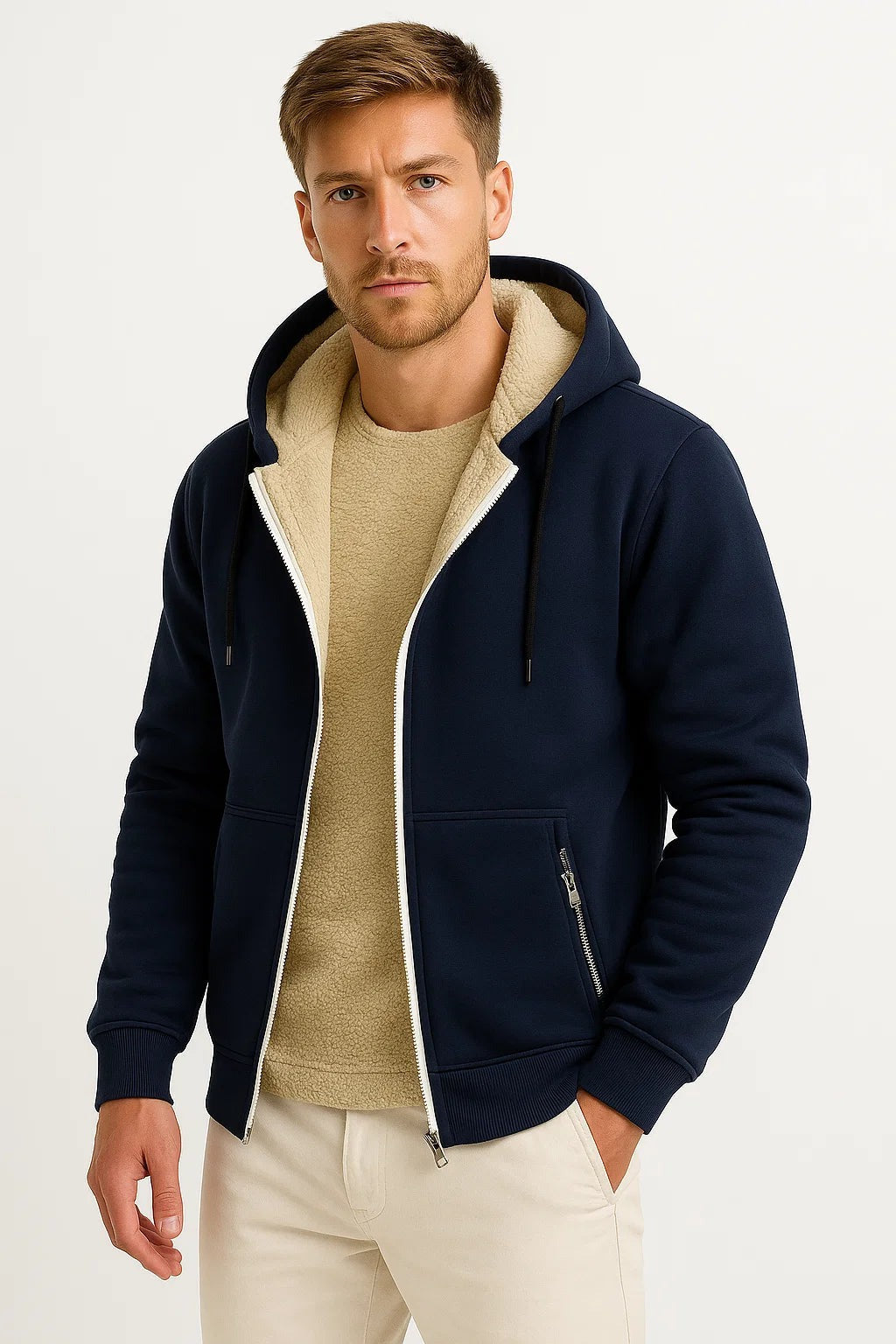 Gevoerd vest met capuchon voor heren in marineblauw, gedragen, voorkant