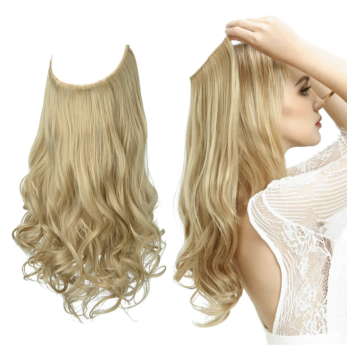 Golvende blonde halo hair extension los en gedragen door vrouw met lang haar | Boutique Moda