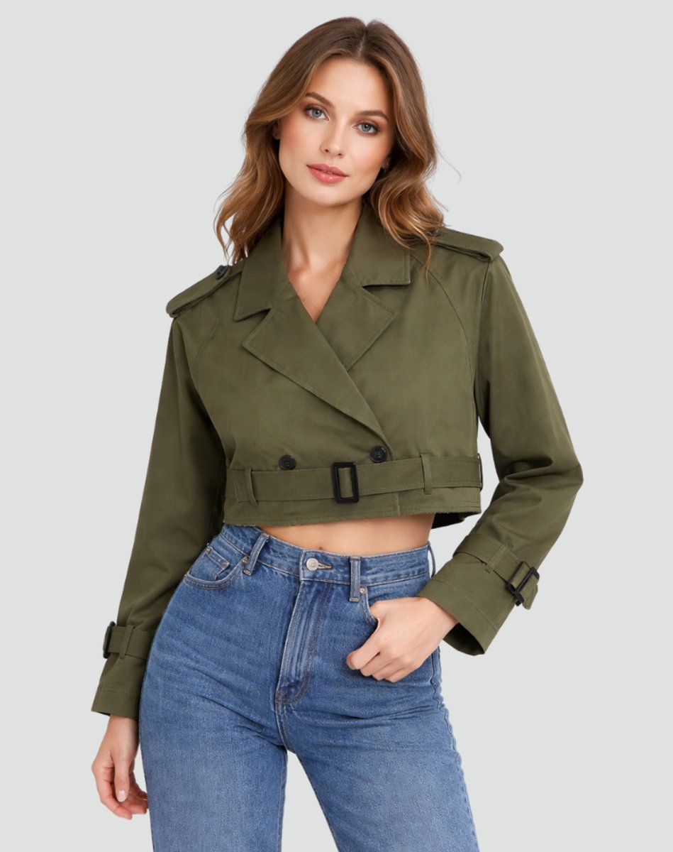 Trenchcoat Dames | Cropped | Dubbele Knoopsluiting | Ceintuur-Boutique Moda